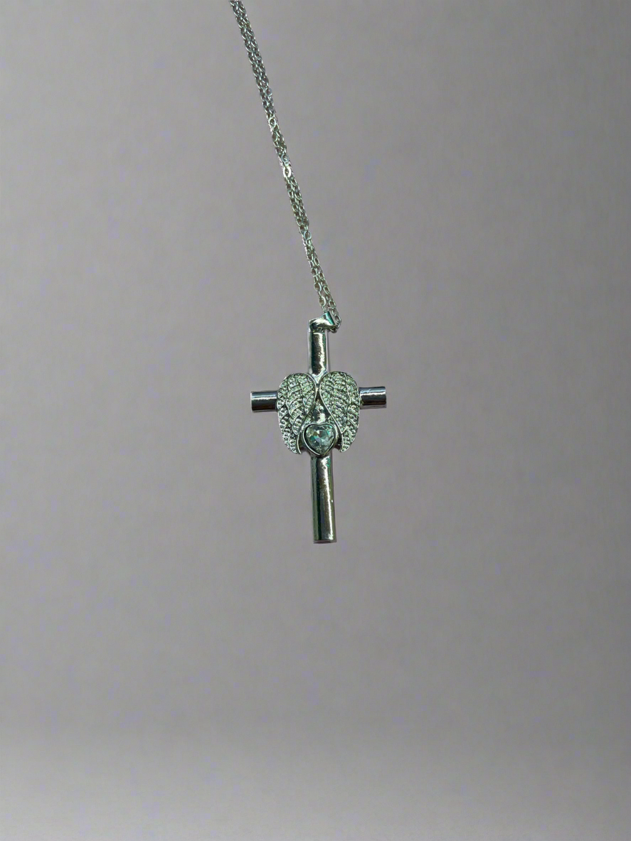 Silver Cross heart wings necklace