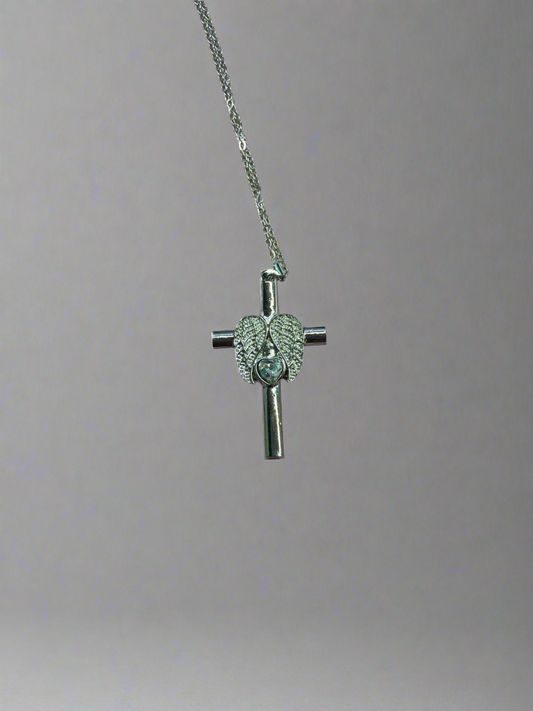 Silver Cross heart wings necklace
