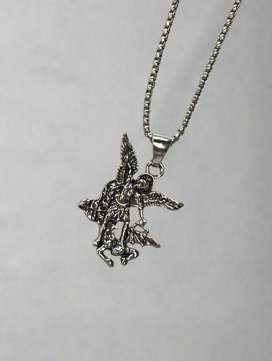 Silver Angel slaying demon necklace