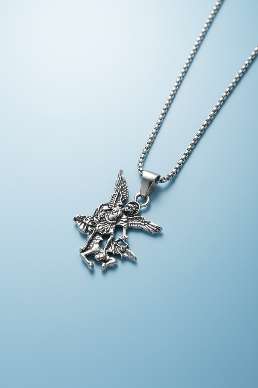 Silver Angel slaying demon necklace