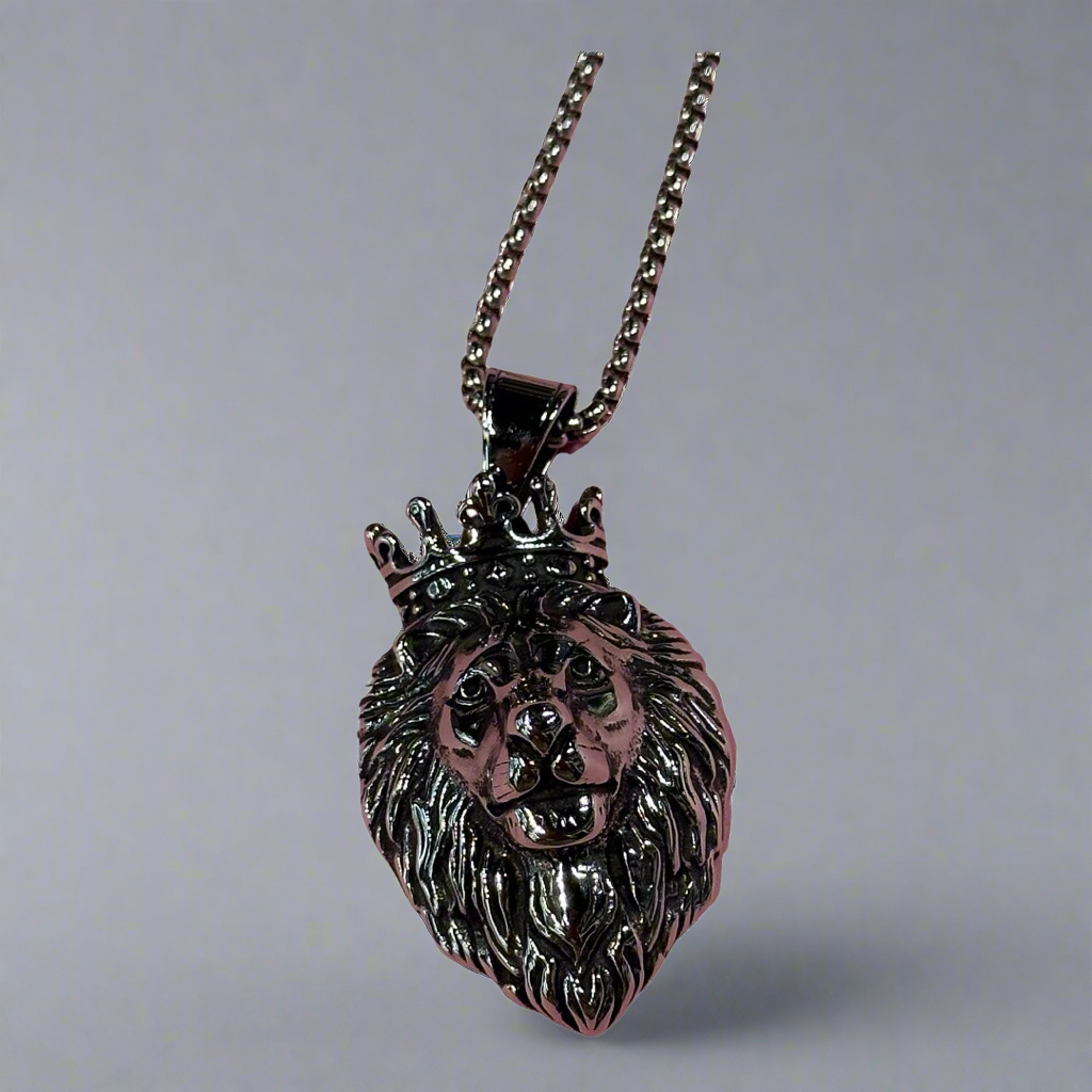 Silver crown on lions head Necklace