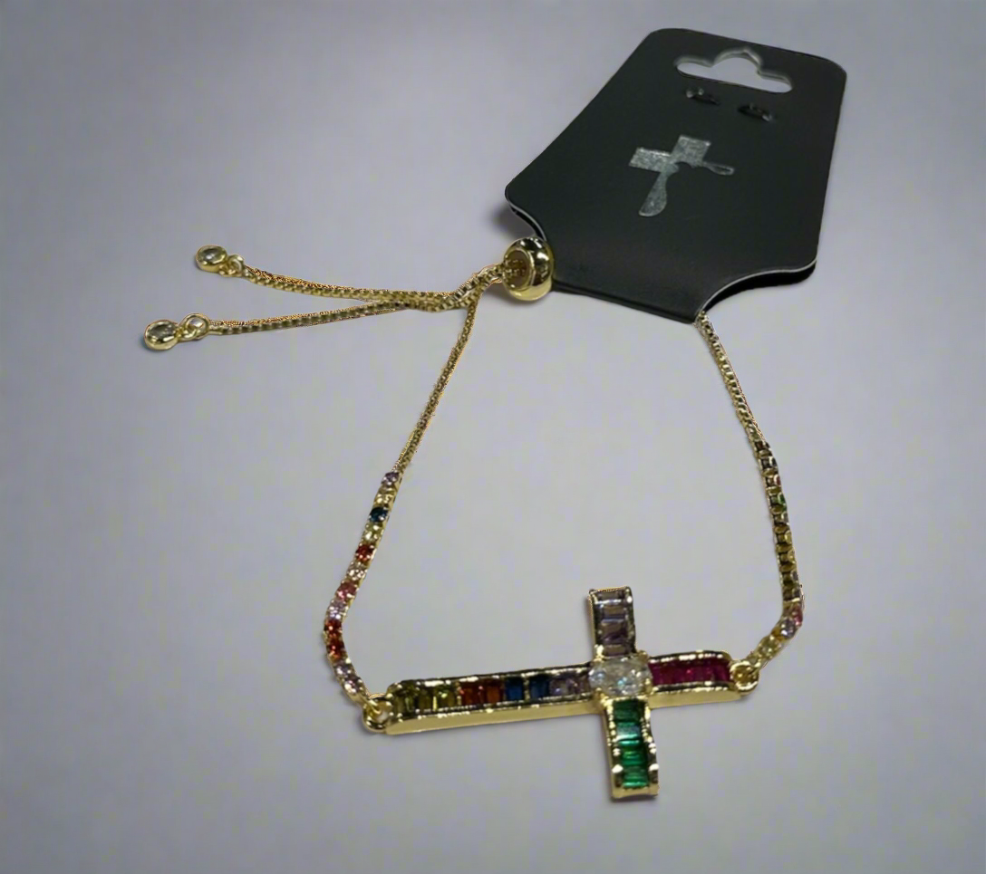 Gold Rainbow Cross Bracelet