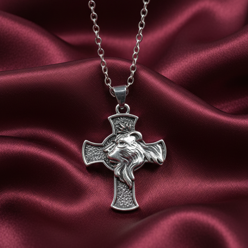 Silver Cross with Lion Head Necklace