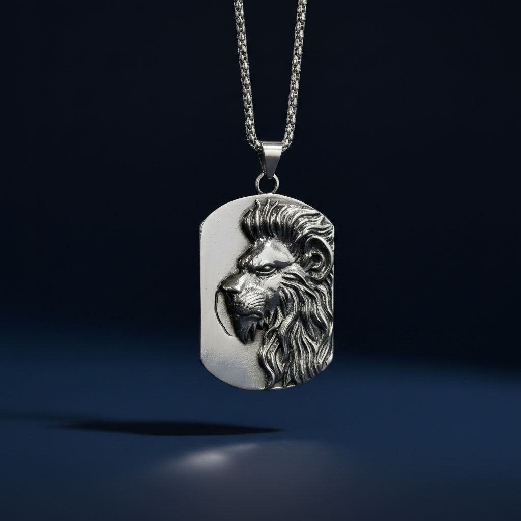 Silver Large Lion Head Plaque Necklace
