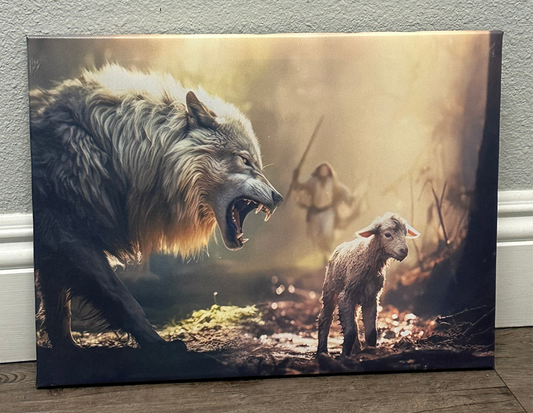 Wooden canvas the Wolf and the Lamb 11x15