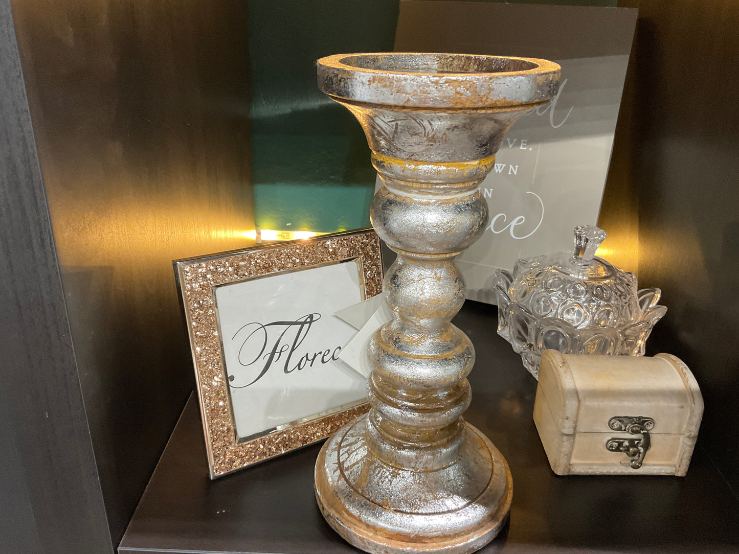 Silver wooden candle holder