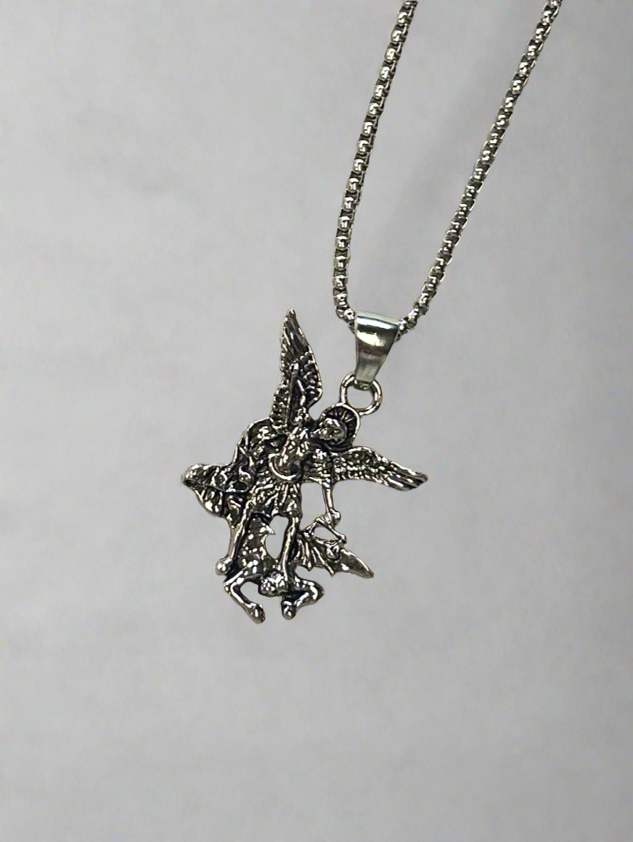 Silver Angel slaying demon necklace