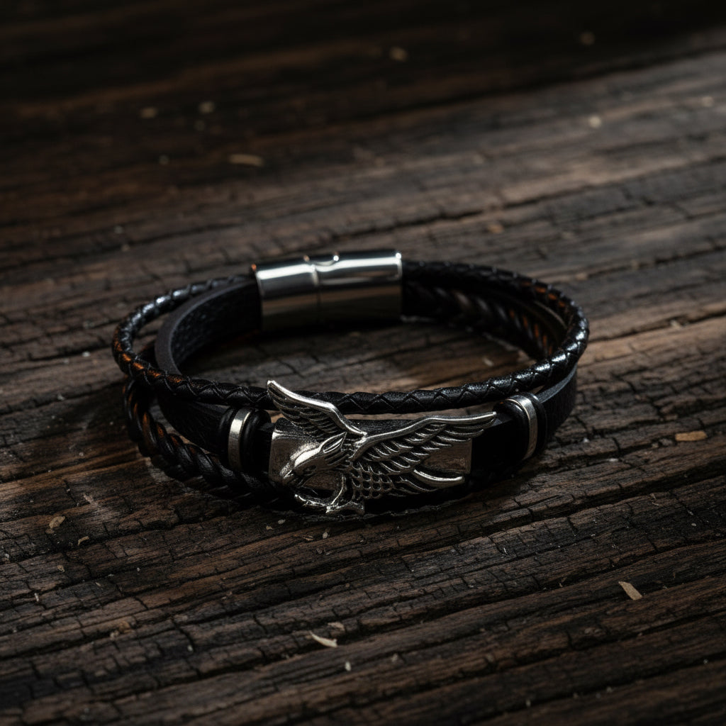 Bracelet: Men’s Eagle Stainless steel Leather