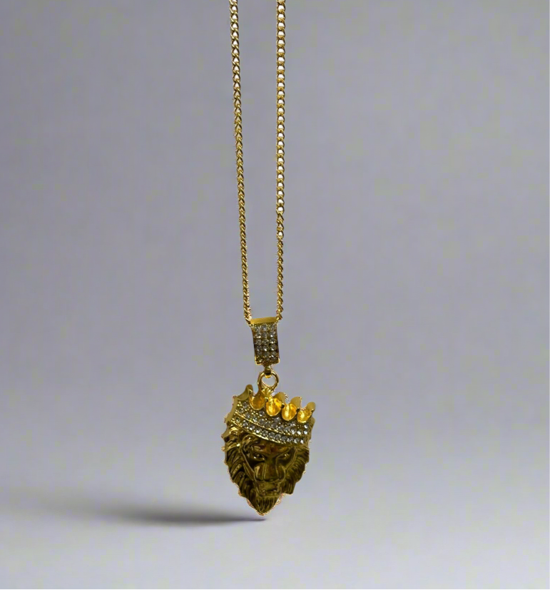 Men’s Gold Zirconia Crown Lion Necklace
