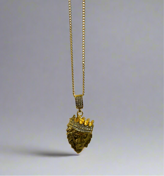 Men’s Gold Zirconia Crown Lion Necklace