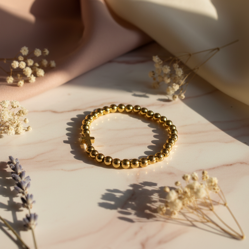 Bracelet: Gold beaded cross