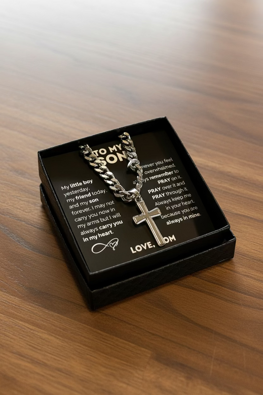 Necklace: “ To my son,Love mom” Silver Cross